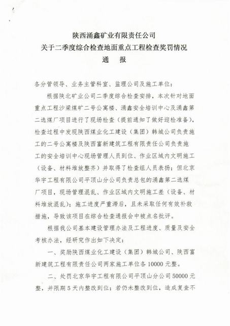 陜煤建設韓城分公司沙梁煤礦2#單身公寓項目施工生產受到建設單位獎勵