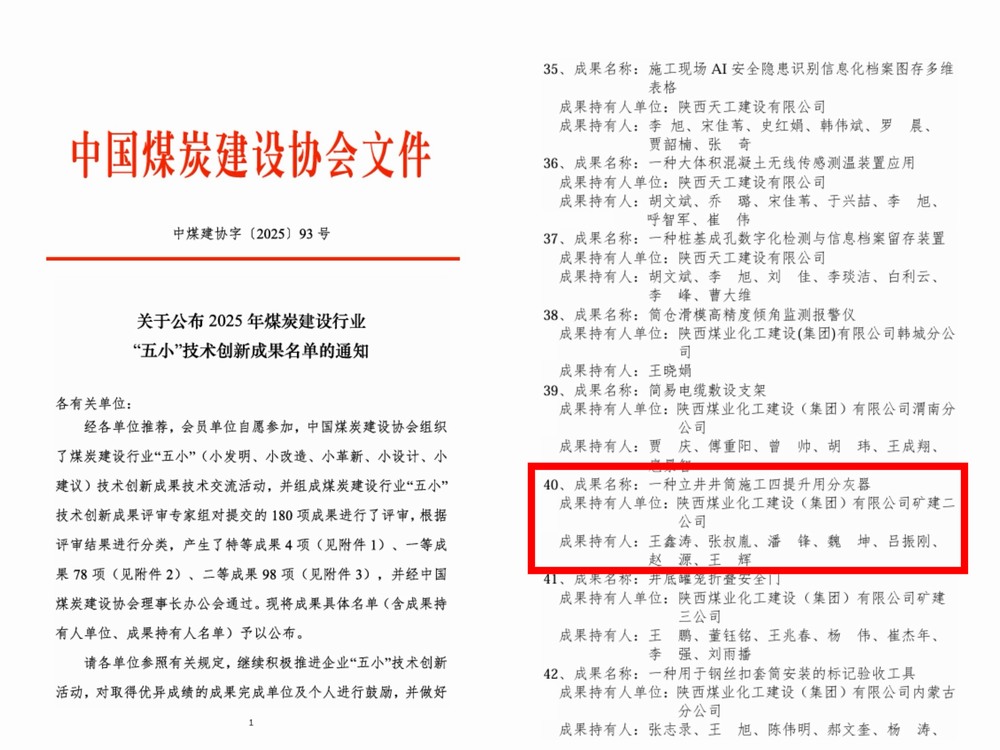 陜煤建設(shè)礦建二公司多項(xiàng)“五小”技術(shù)創(chuàng)新成果獲獎(jiǎng)